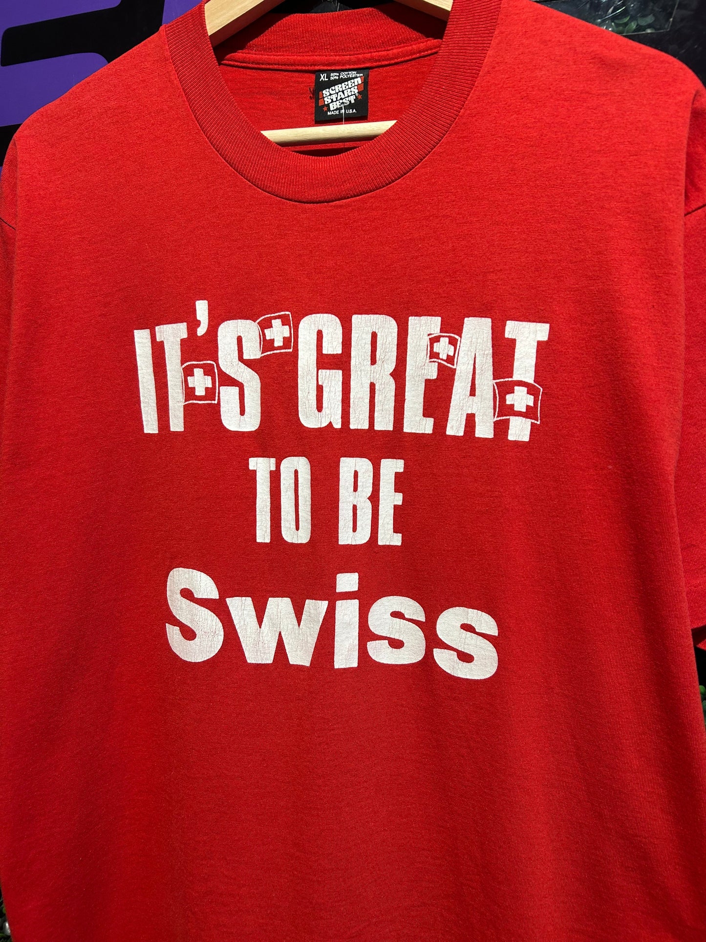 90s It’s Great To Be Swiss T-Shirt. Size L/XL
