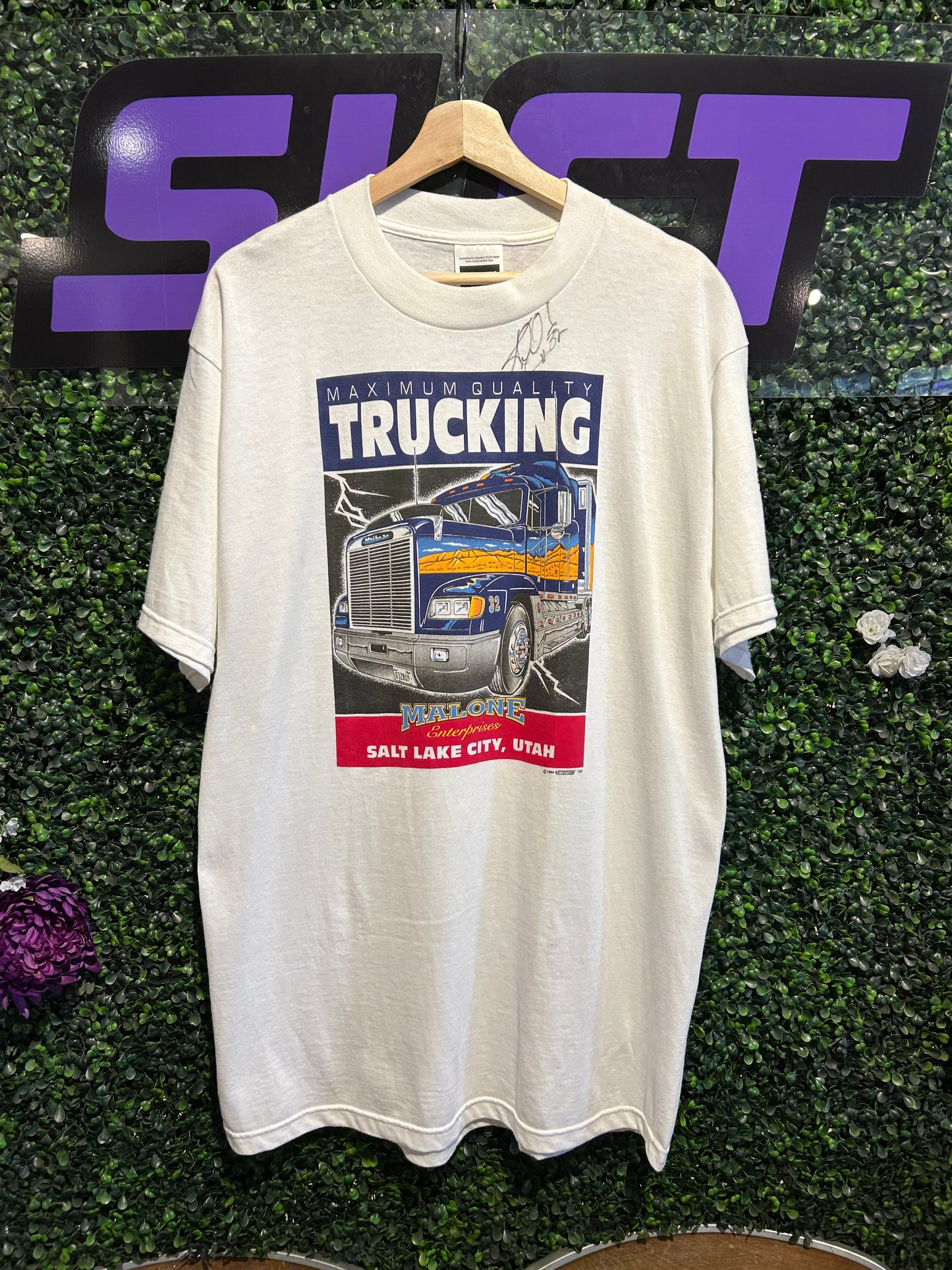 1994 Karl Malone Trucking Company Autographed T-Shirt. Size L/XL