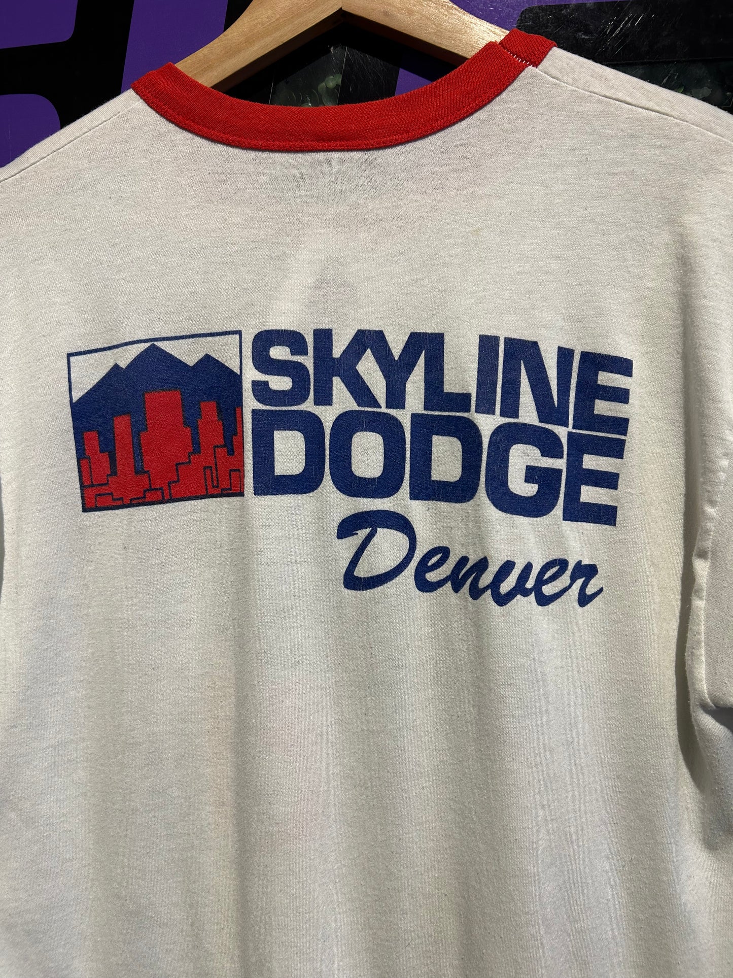 80s Skyline Dodge Denver Going Fast Ringer T-Shirt. Size Large