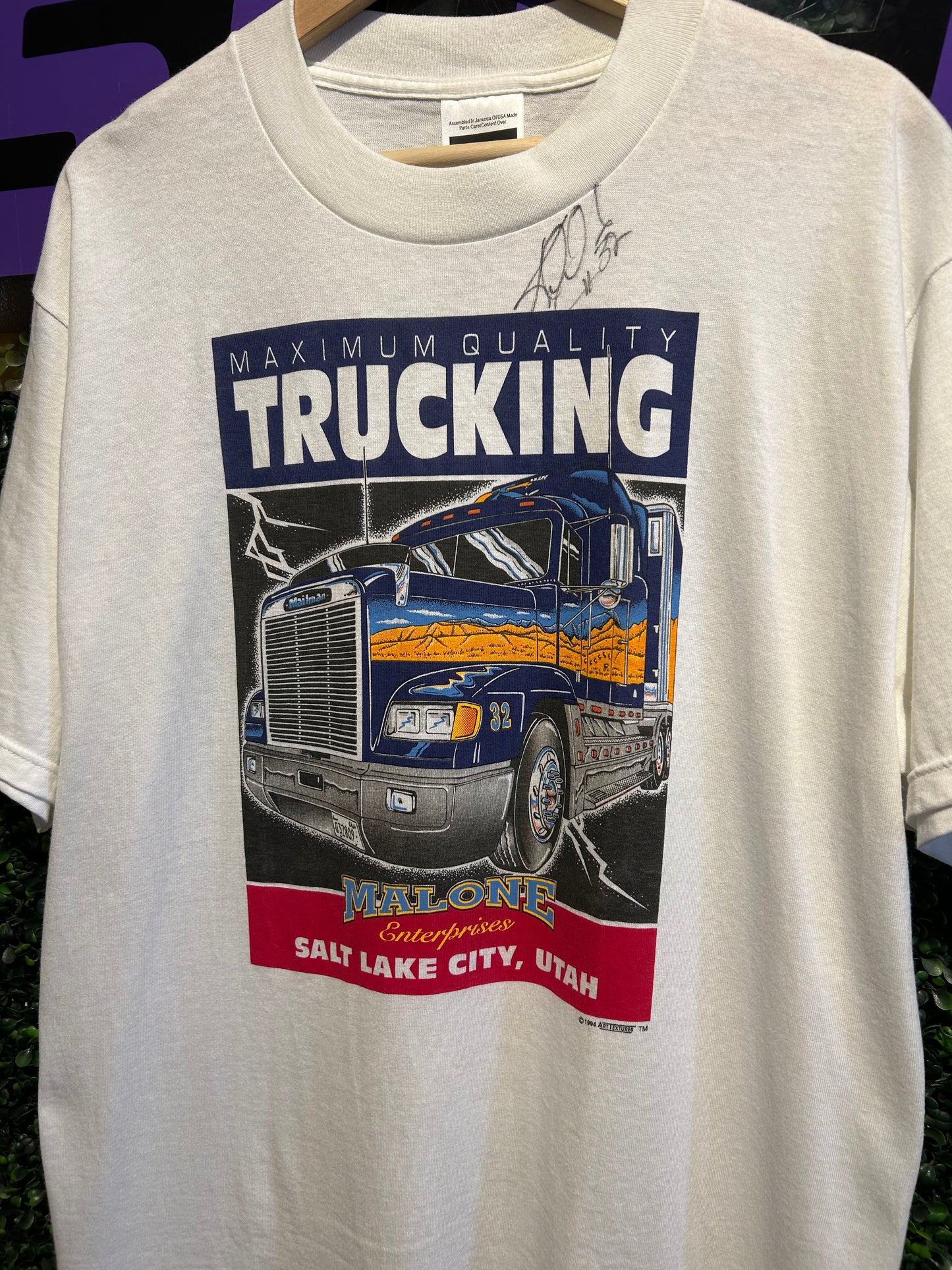 1994 Karl Malone Trucking Company Autographed T-Shirt. Size L/XL