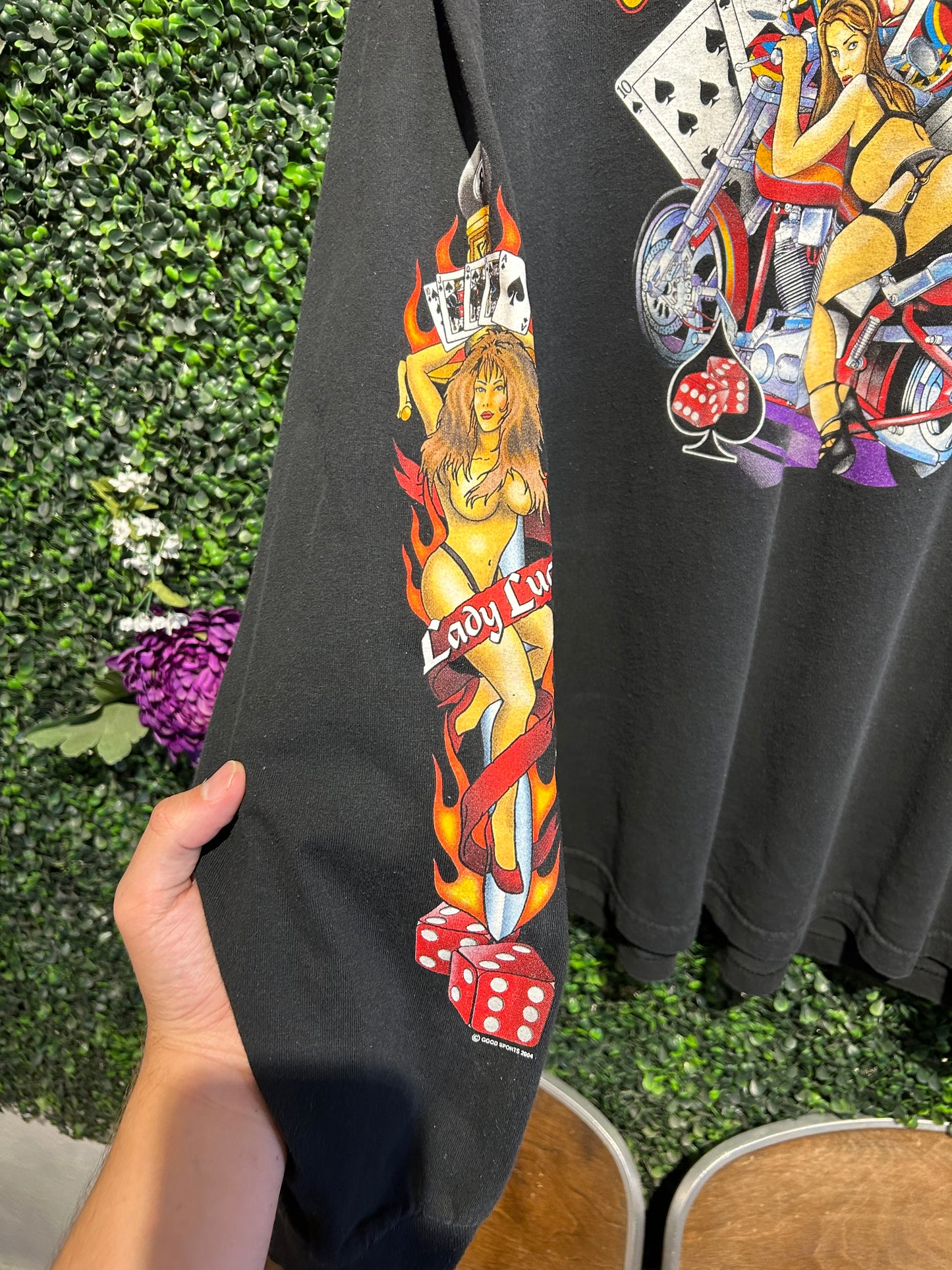 Vintage Gettin’ Lucky Biker LS Shirt. Size XXL
