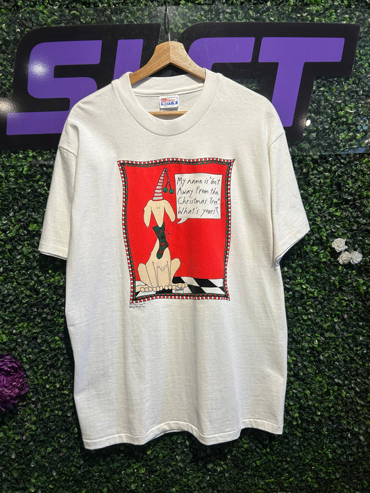 90s Get Away From The Christmas Tree Dog Comic T-Shirt. Size L/XL