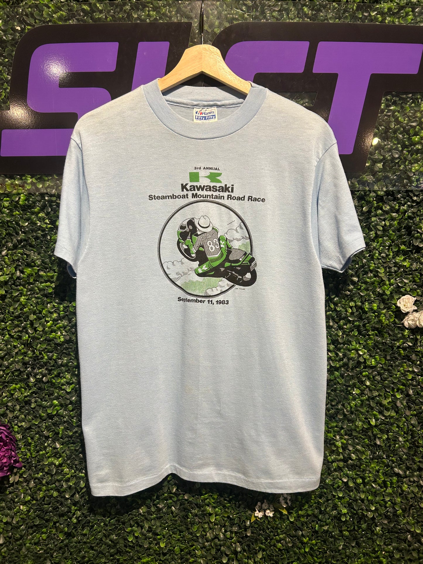 1983 Kawasaki Steamboat Mountain Road Race T-Shirt. Size Large