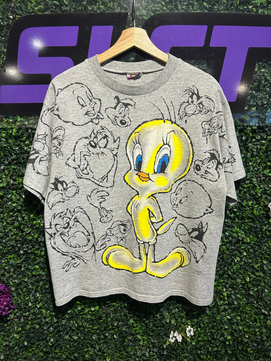Vintage Looney Tunes Tweety AOP T-Shirt. Size Medium
