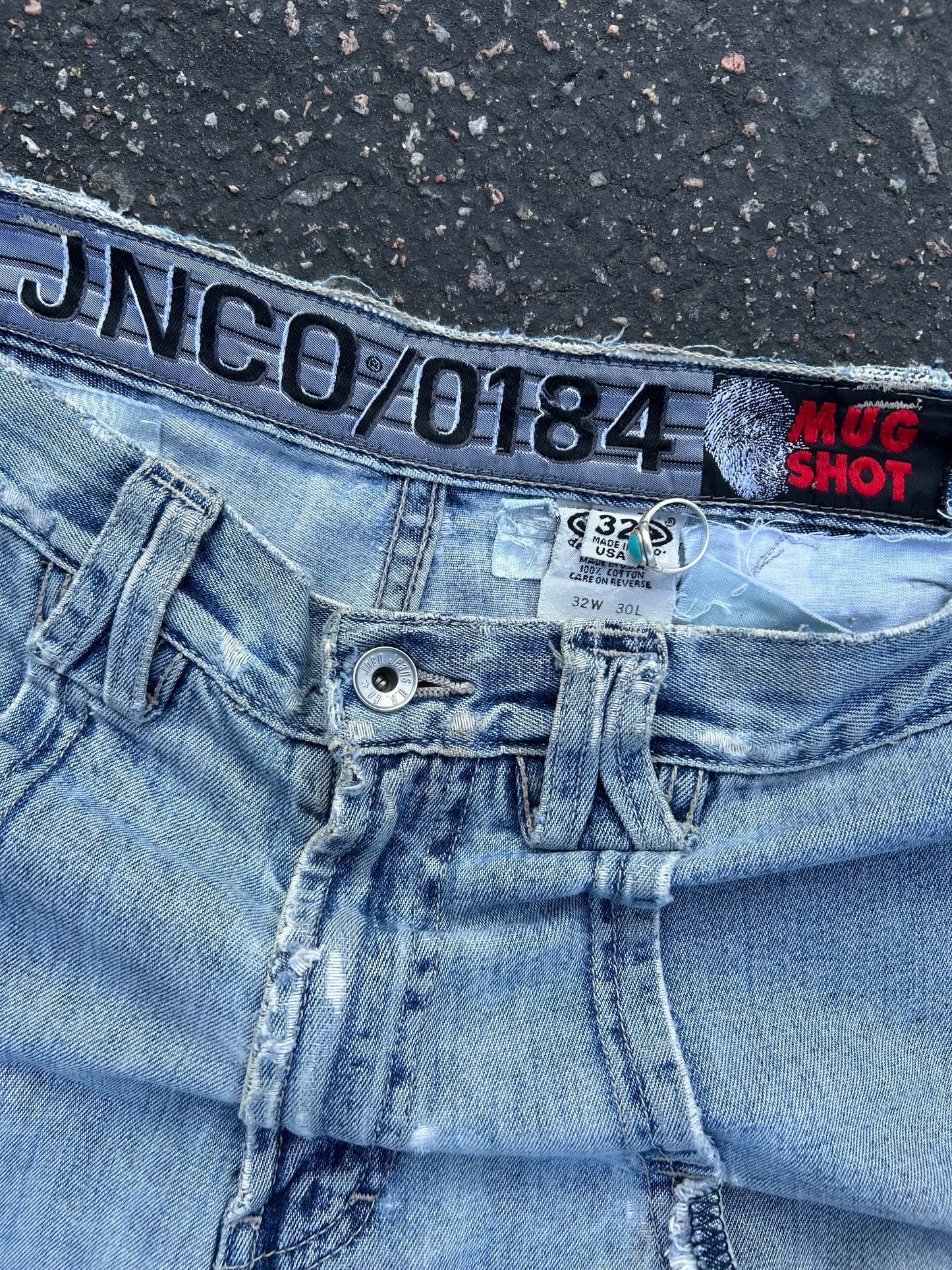 90s JNCO Mug Shot Light-Wash Denim Pants. Size 32x28 (Cut)
