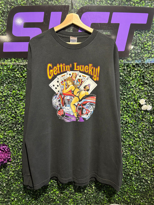 Vintage Gettin’ Lucky Biker LS Shirt. Size XXL