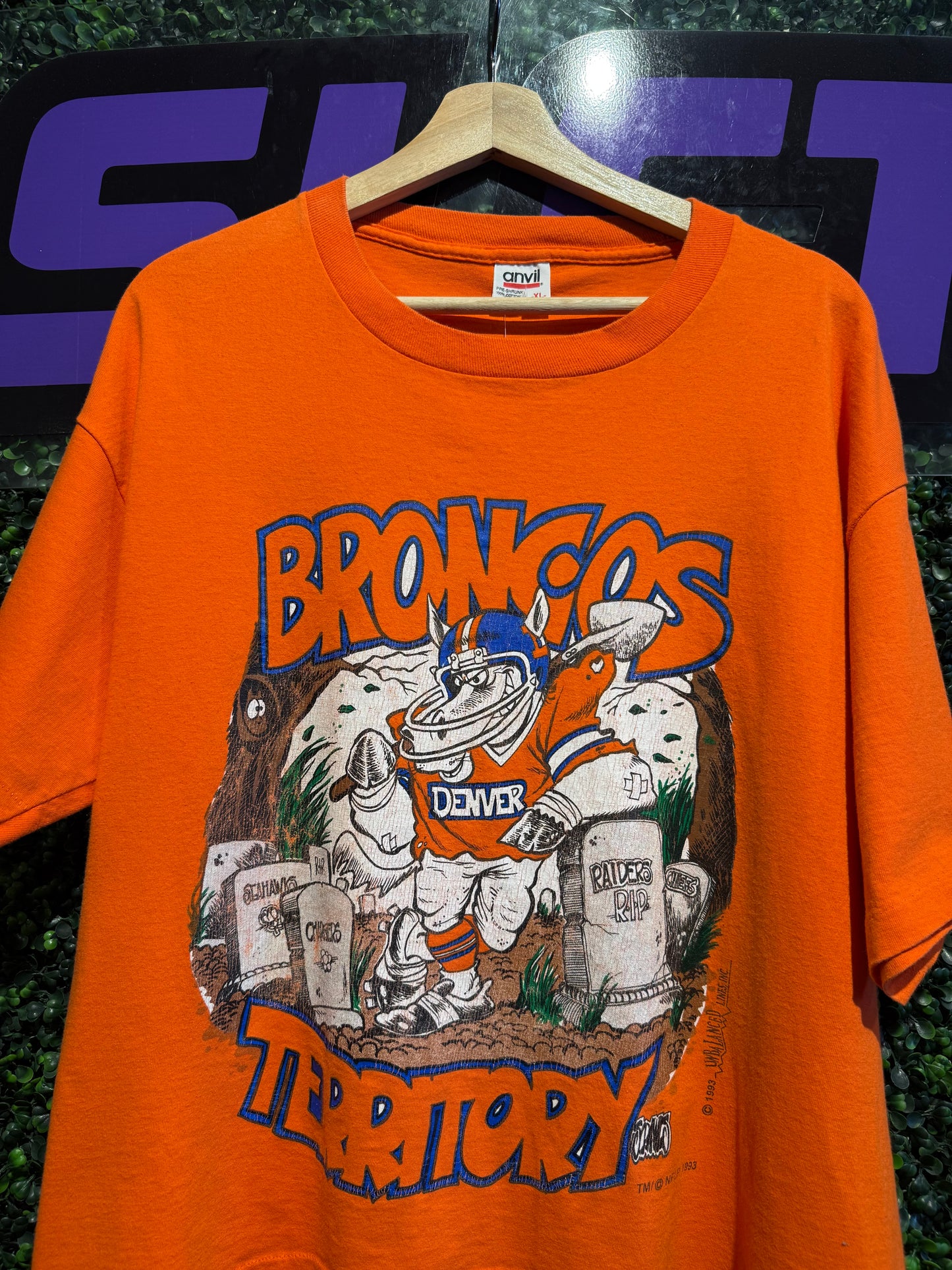 1993 Denver Broncos Territory T-Shirt. Size L/XL (Cropped)