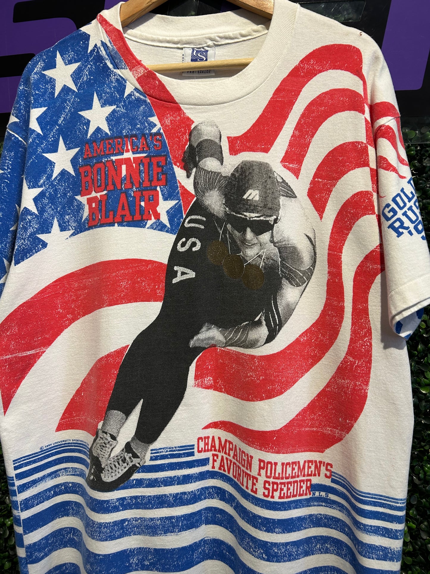 1994 USA Olympics Bonnie Blair Speed Skating AOP T-Shirt. Size L/XL