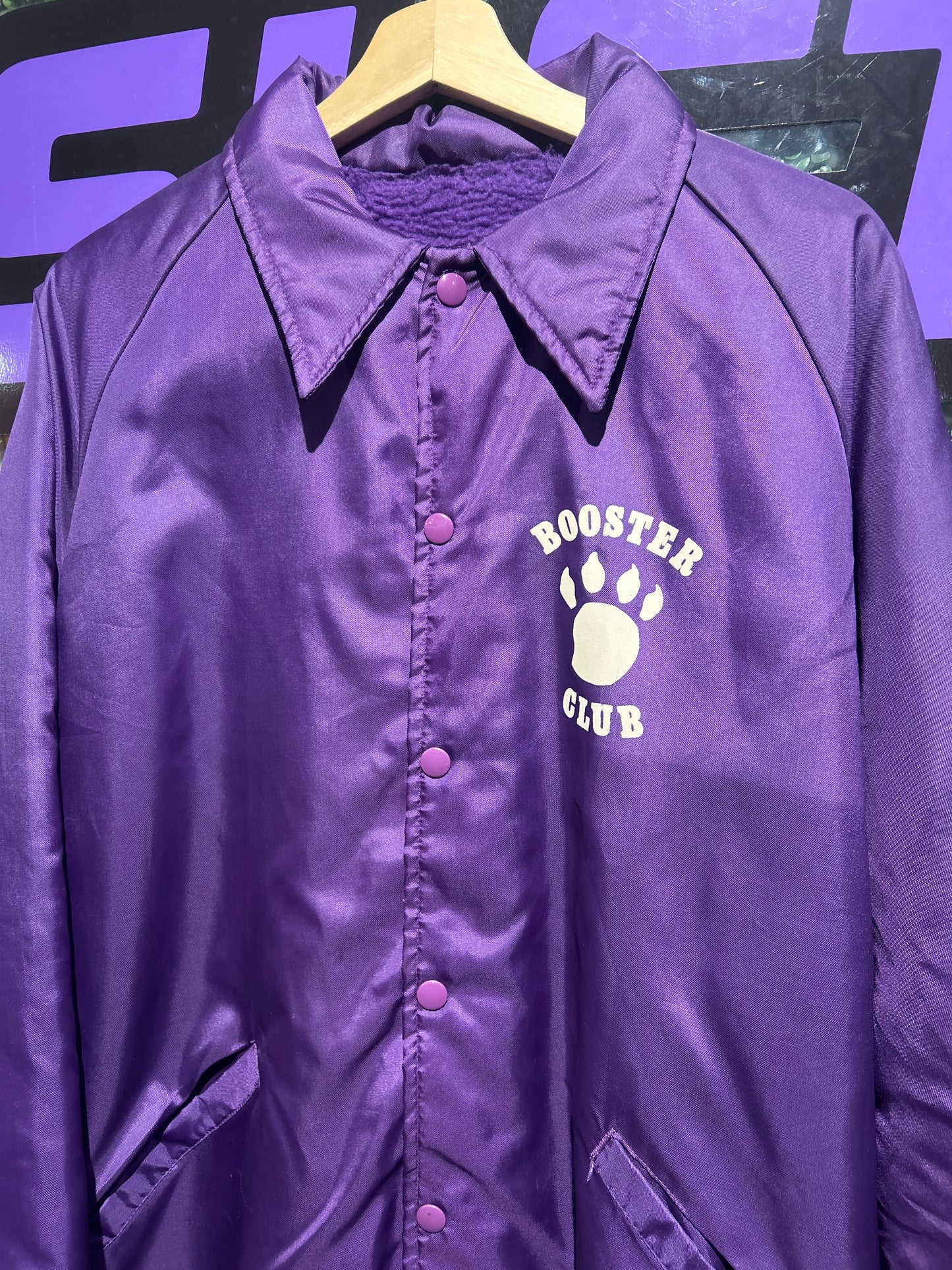 70s Walsenburg Booster Club Sherpa-Lined Button-Up Jacket. Size L/XL