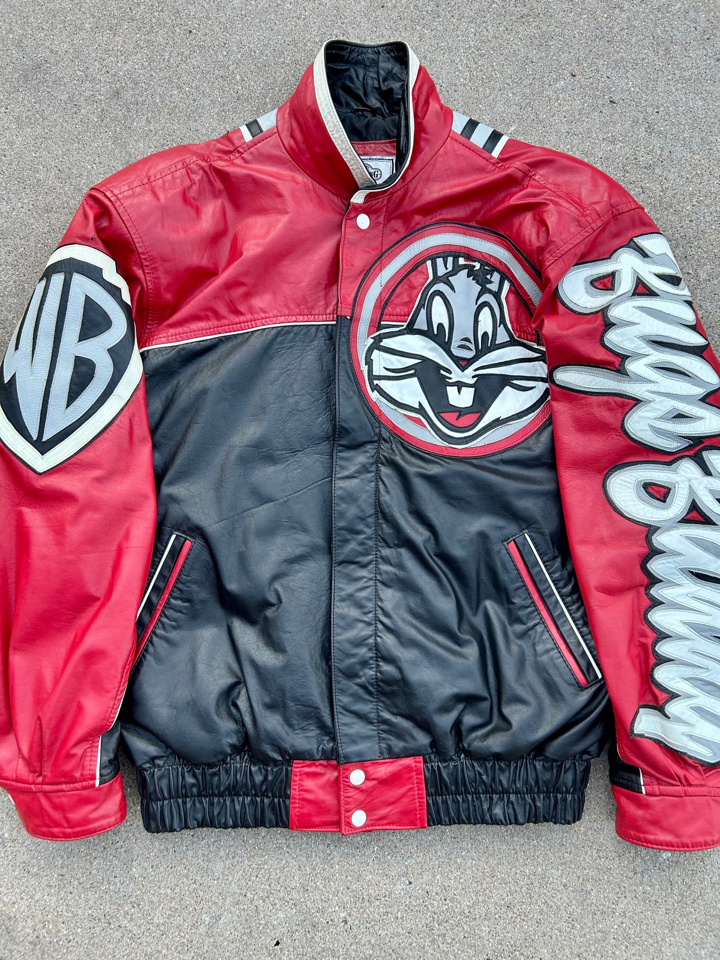 90s Bugs Bunny Leather Varsity Jacket. Size M/L