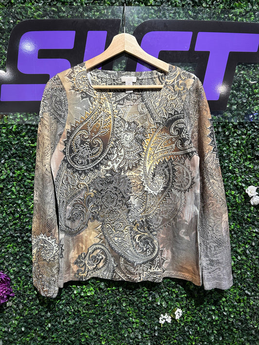 00s Chico’s Patterned Paisley Lace Mesh LS Top. Size 0