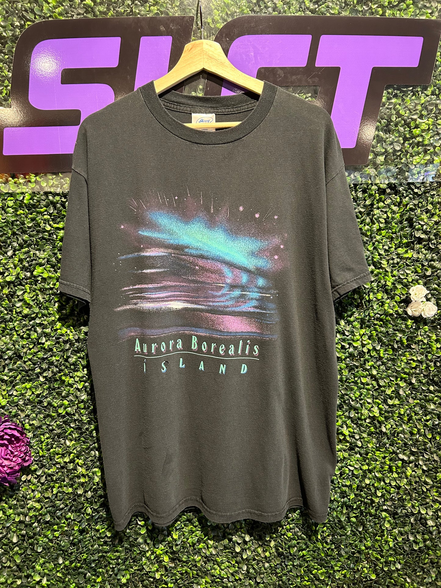 90s Aurora Borealis Island T-Shirt. Size Large