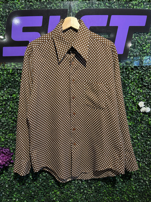 70s Sears Brown Polka Dot Button-Up Shirt. Size Large