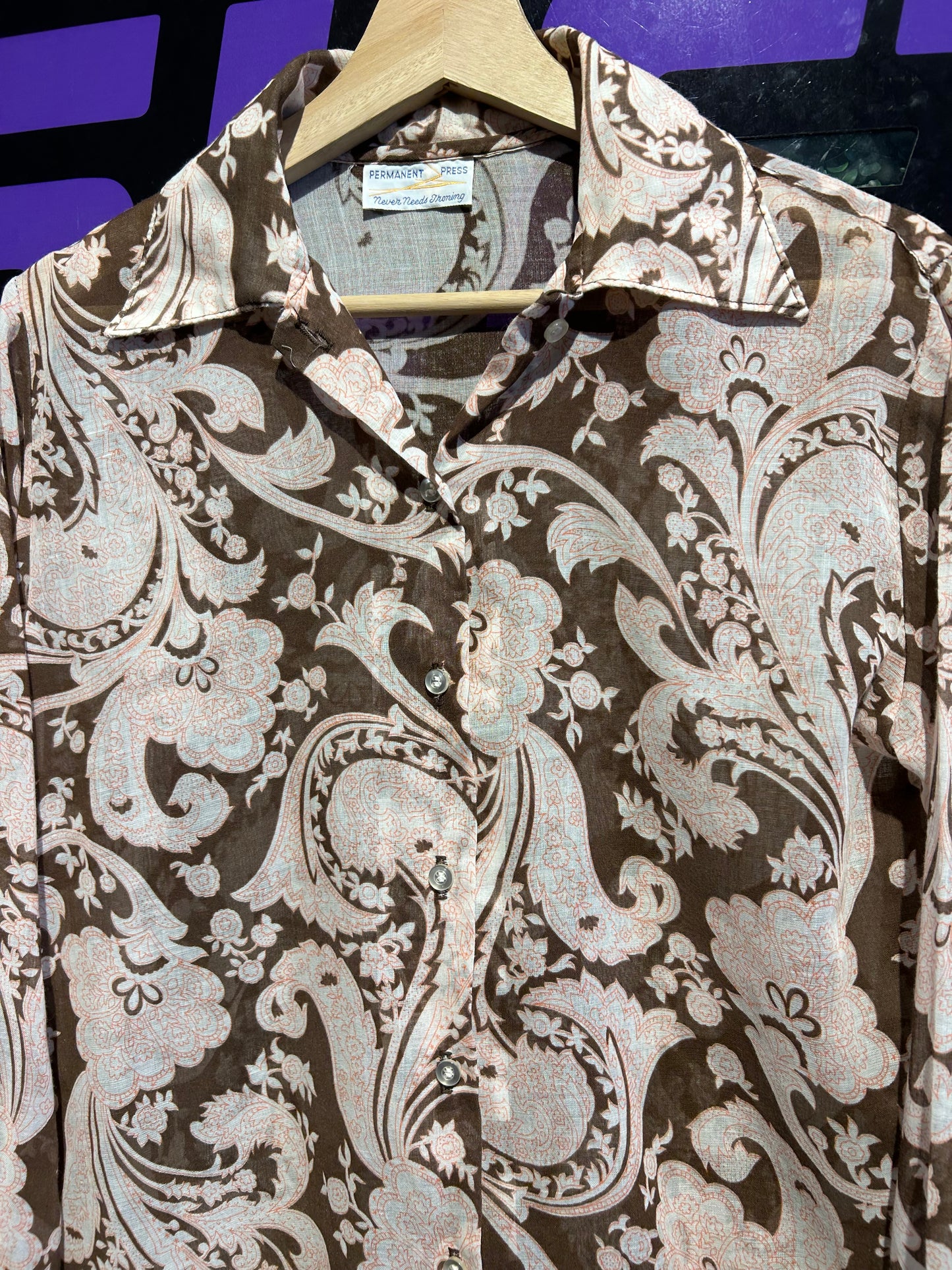 60s/70s Permanent Press Paisley/Floral Button-Up Shirt. Size S/M