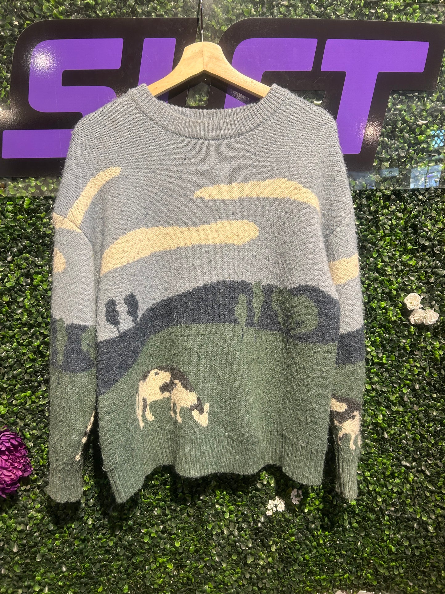 Cow Farm AOP Knit Sweater. Size Medium