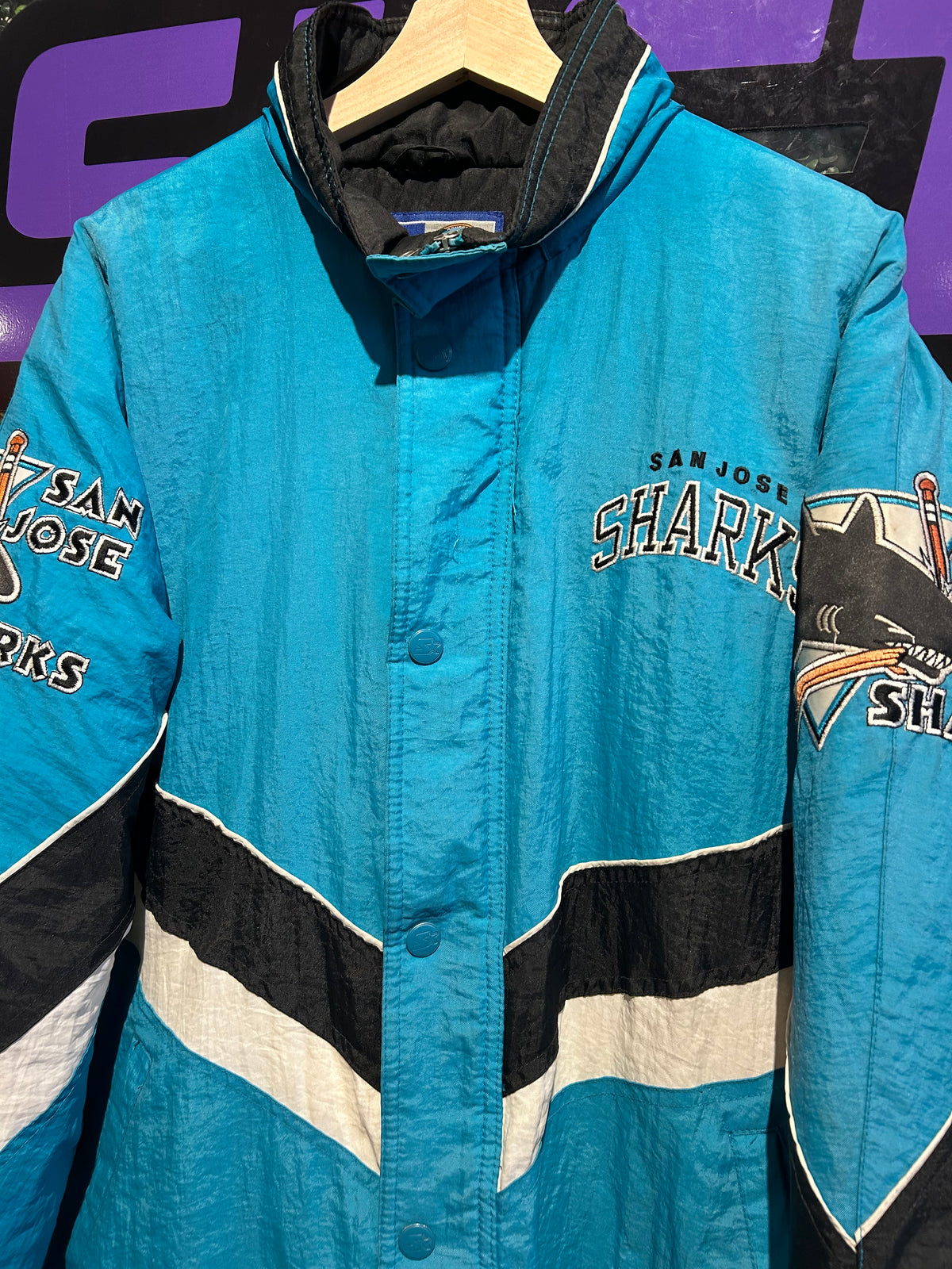 Vintage San Jose Sharks Starter Puffer Jacket. Size L/XL