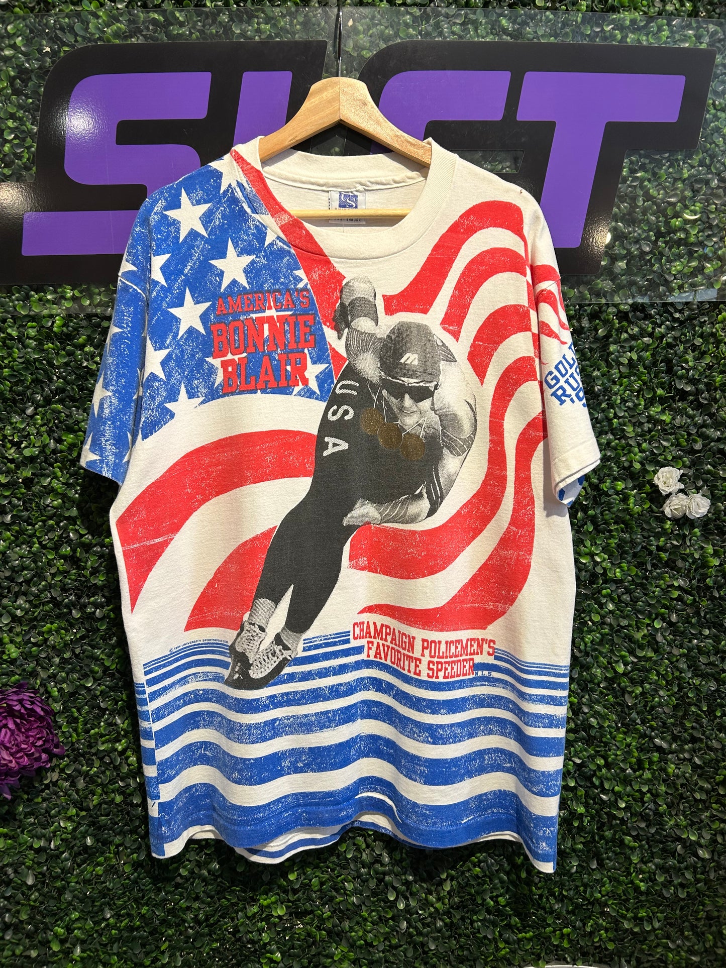 1994 USA Olympics Bonnie Blair Speed Skating AOP T-Shirt. Size L/XL