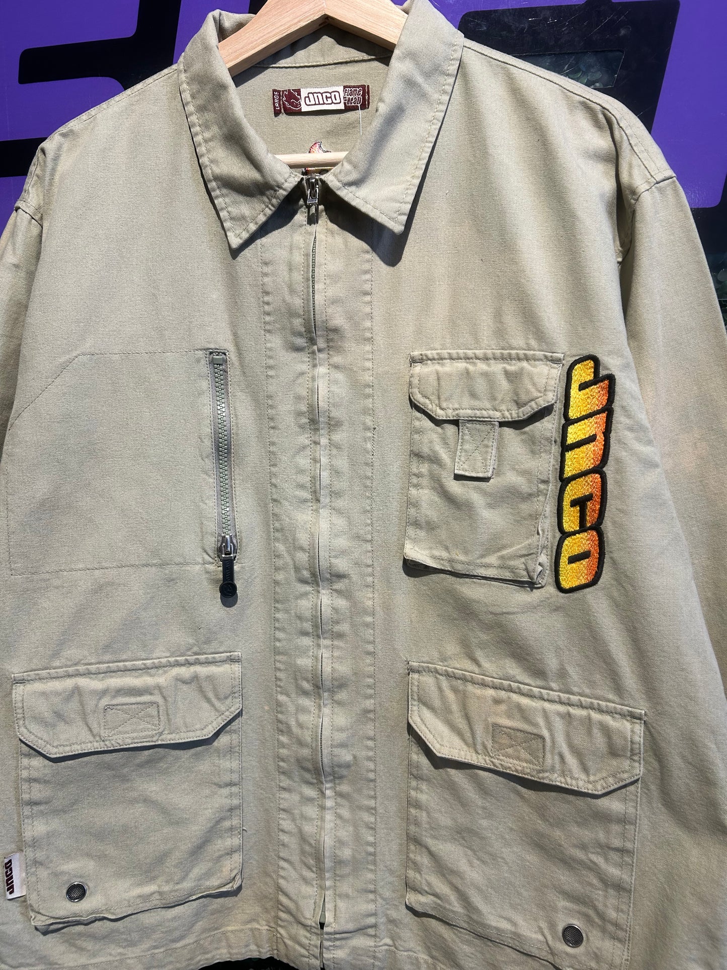 90s JNCO Flamehead Zip-Up Utility Jacket. Size Large