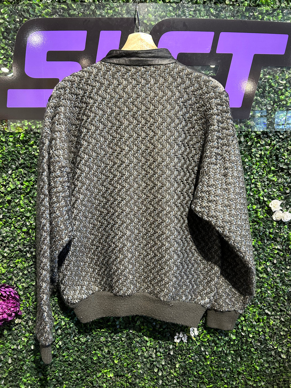 80s Leather-Trim Half-Zip Knit Sweater Jacket. Size M/L
