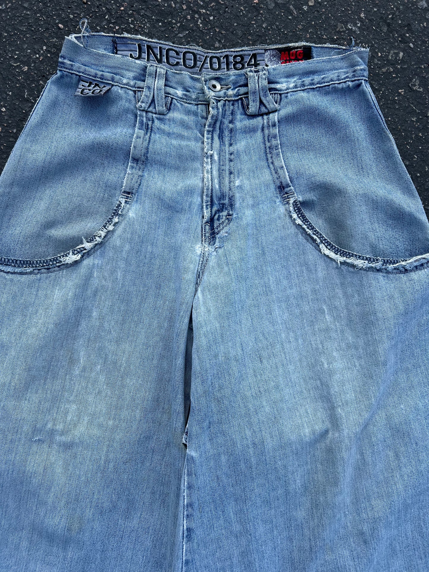 90s JNCO Mug Shot Light-Wash Denim Pants. Size 32x28 (Cut)