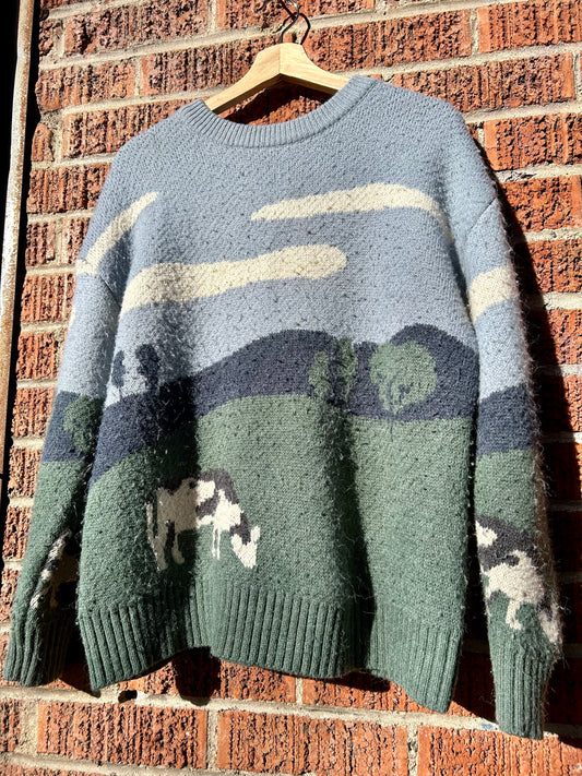 Cow Farm AOP Knit Sweater. Size Medium