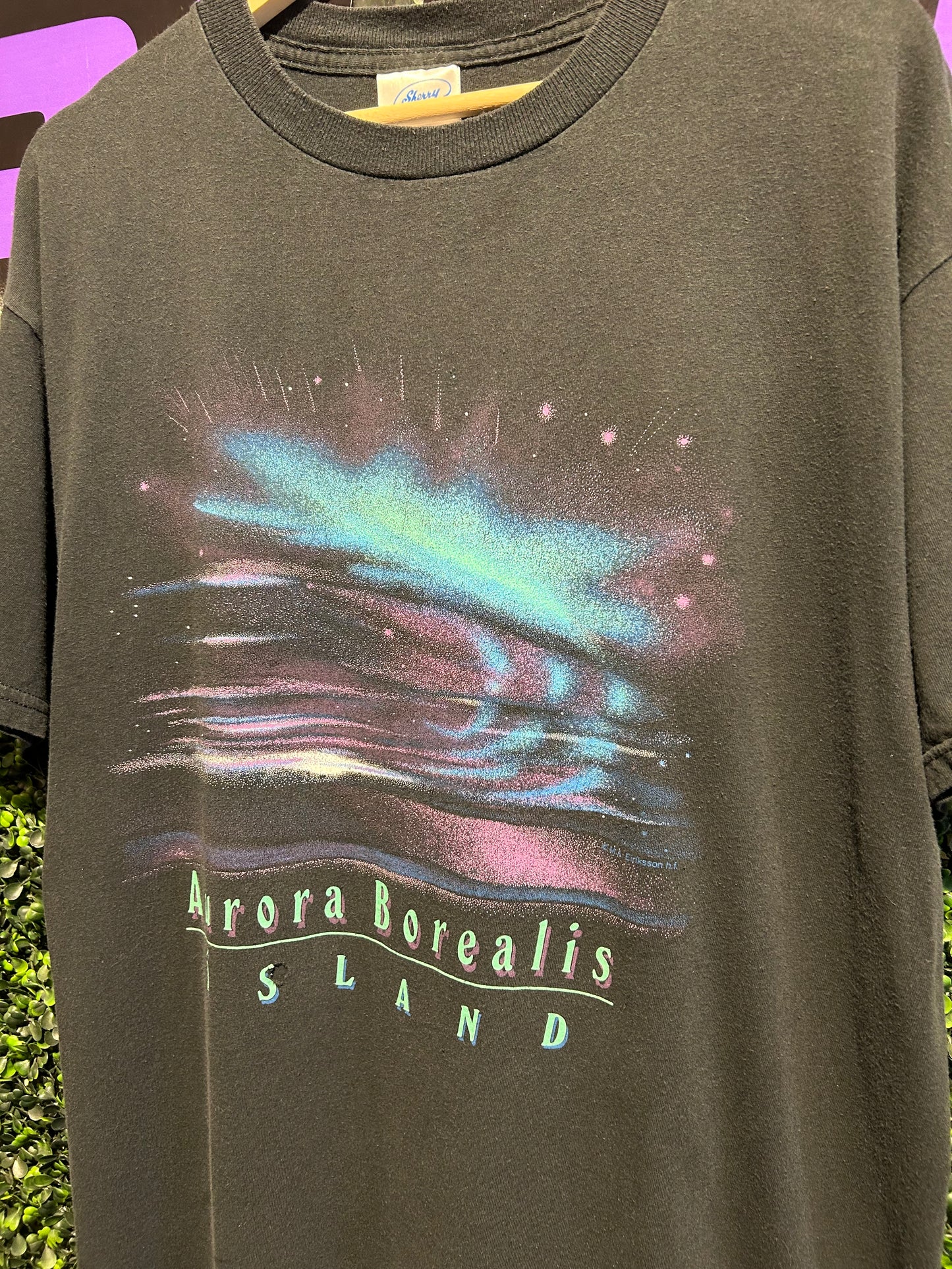 90s Aurora Borealis Island T-Shirt. Size Large