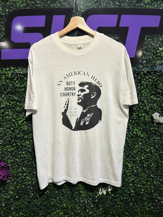 80s Lt. Col. Oliver North An American Hero T-Shirt. Size Large