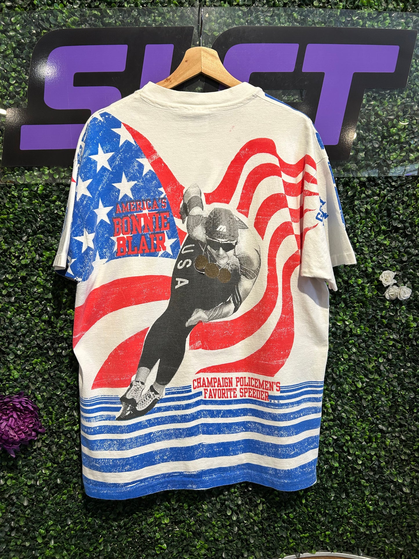 1994 USA Olympics Bonnie Blair Speed Skating AOP T-Shirt. Size L/XL