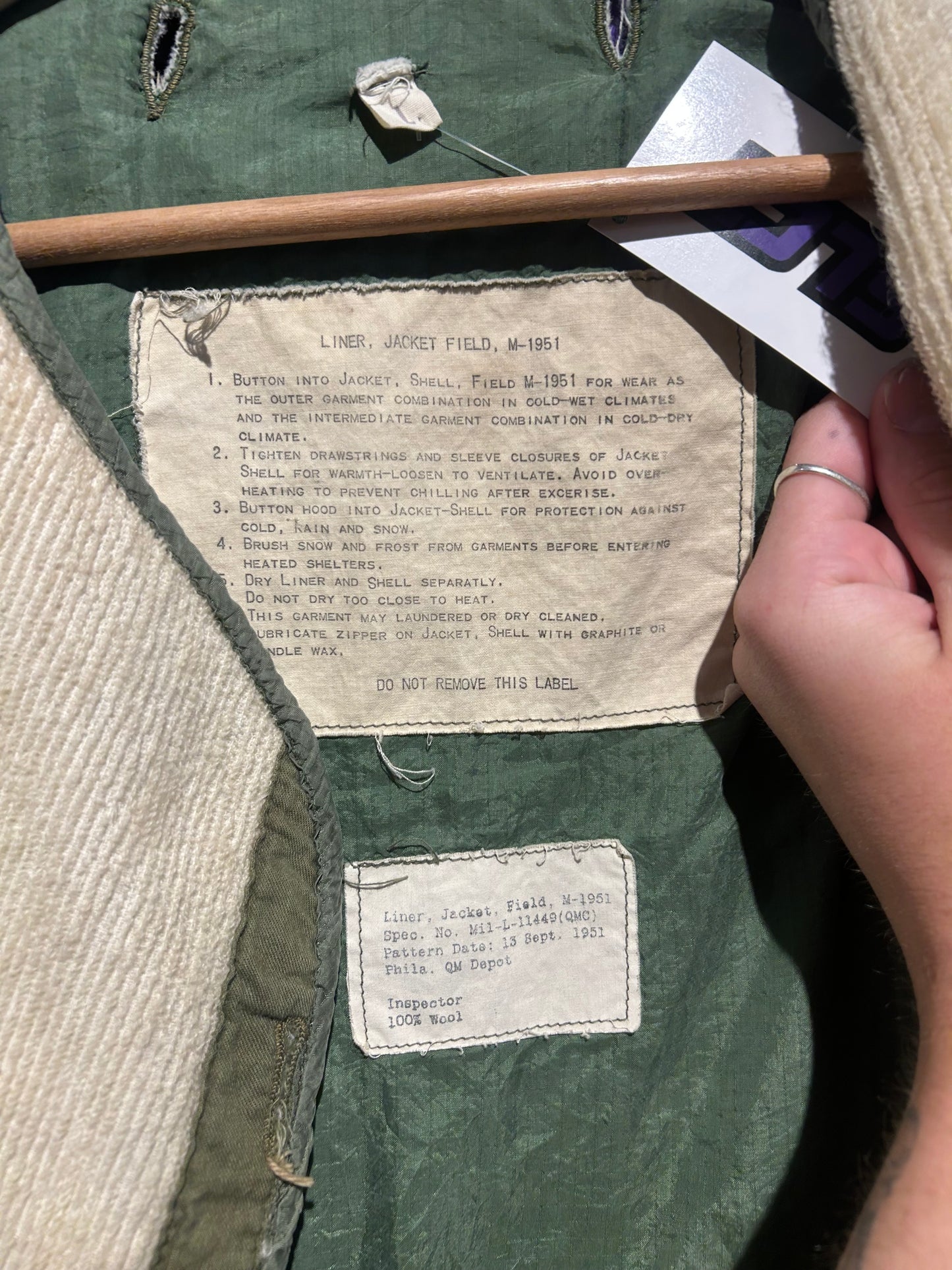 50s M-1951 Military Field Jacket Liner. Size Large