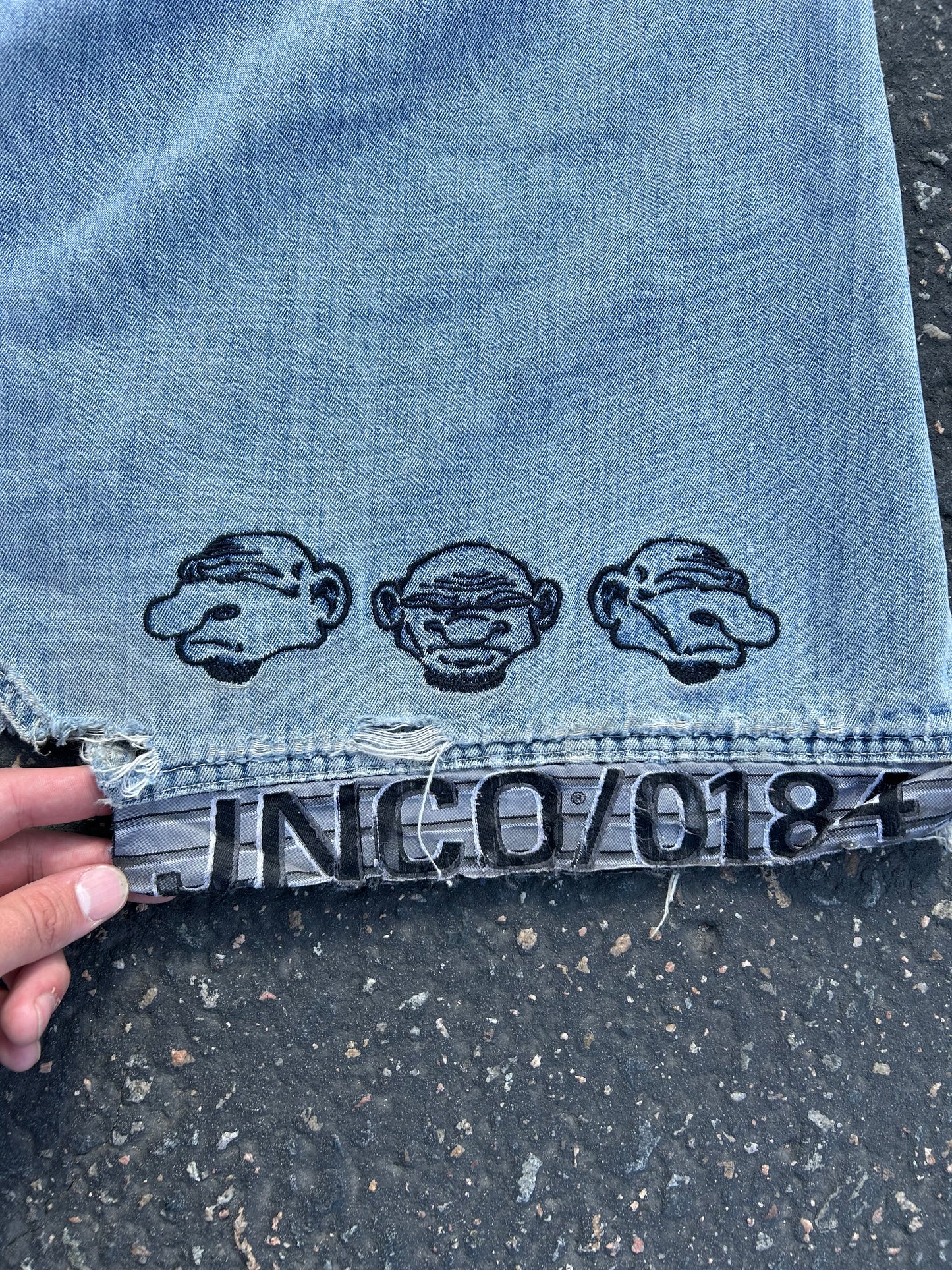 90s JNCO Mug Shot Light-Wash Denim Pants. Size 32x28 (Cut)