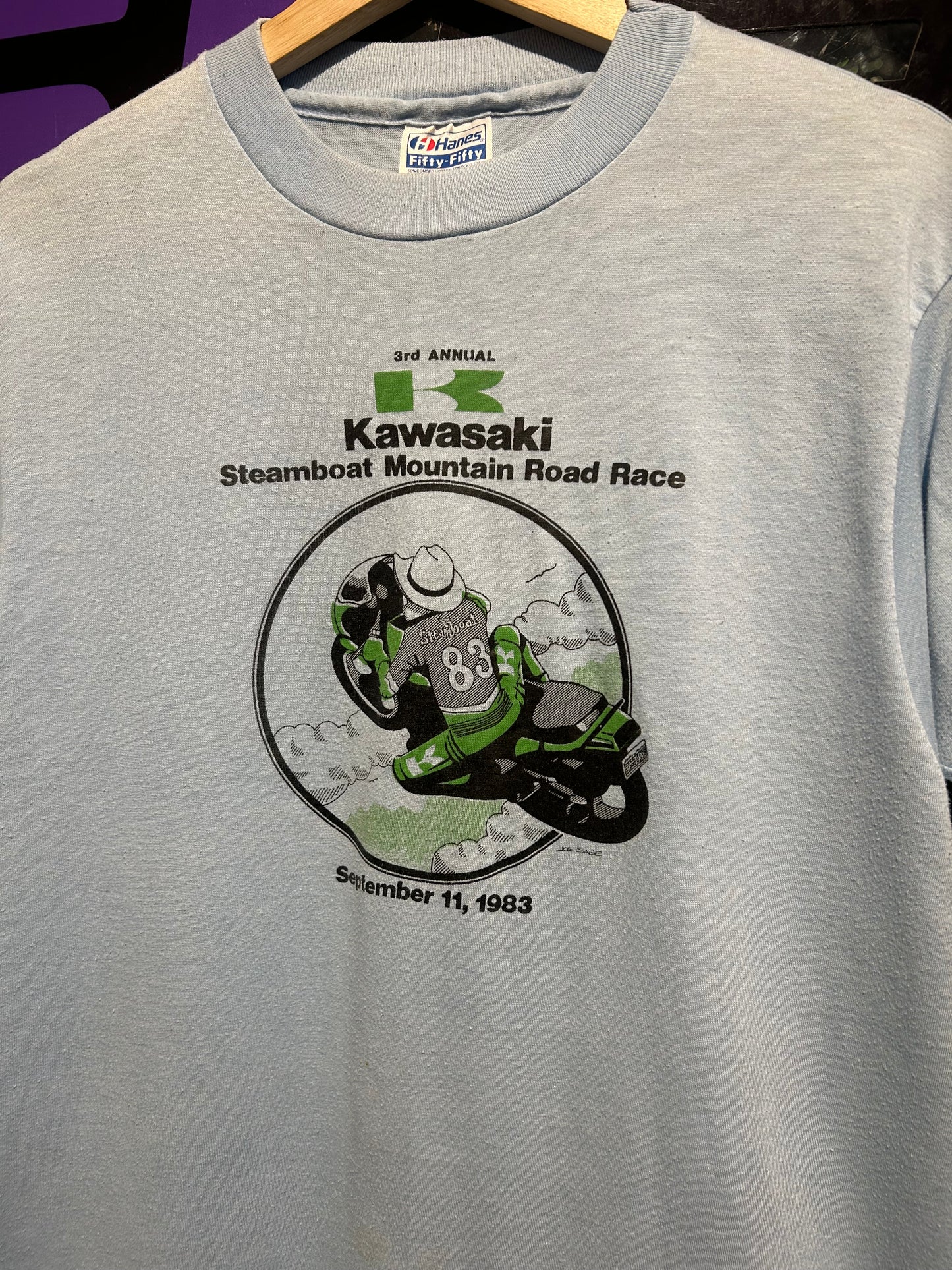 1983 Kawasaki Steamboat Mountain Road Race T-Shirt. Size Large