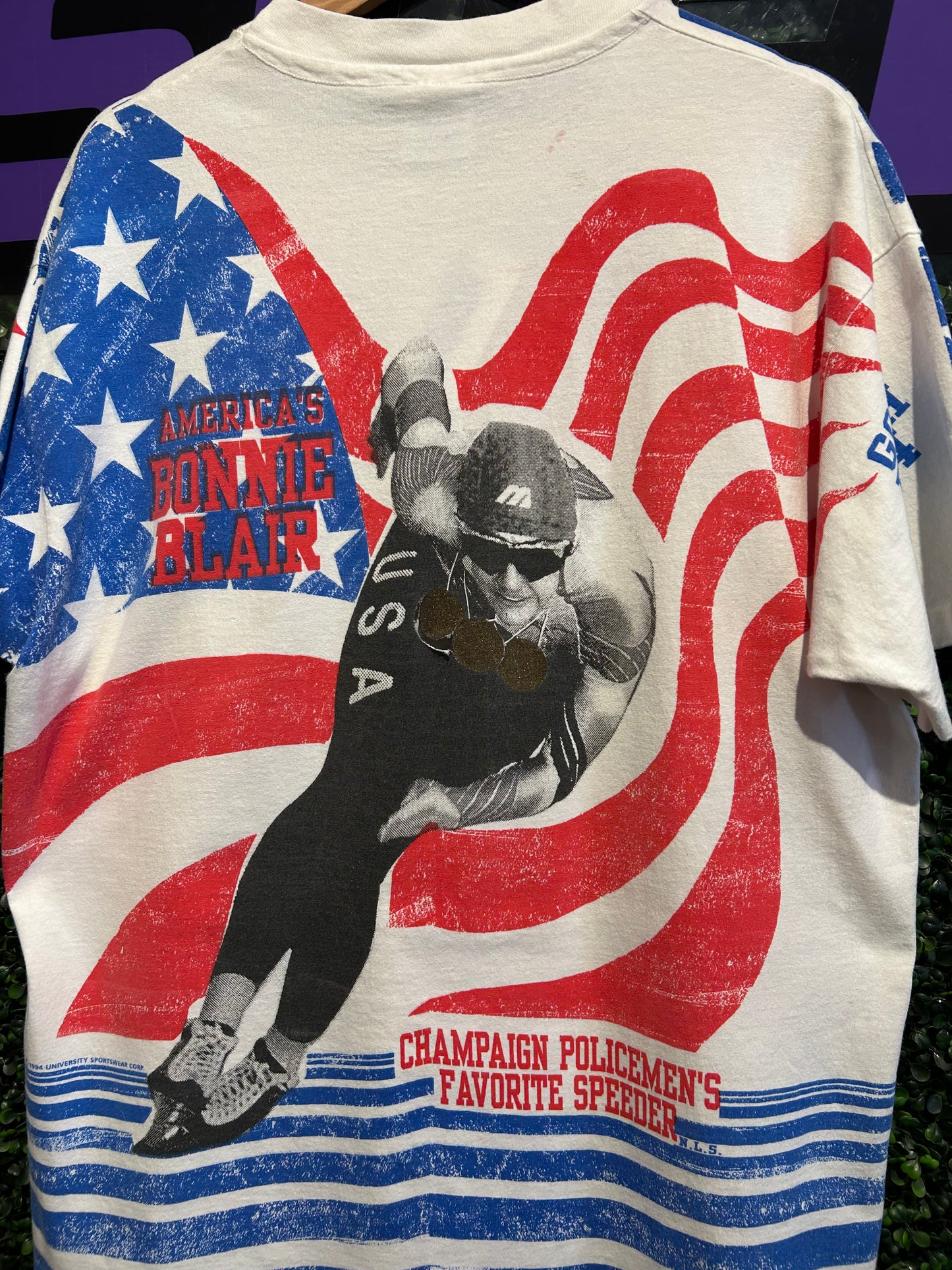 1994 USA Olympics Bonnie Blair Speed Skating AOP T-Shirt. Size L/XL