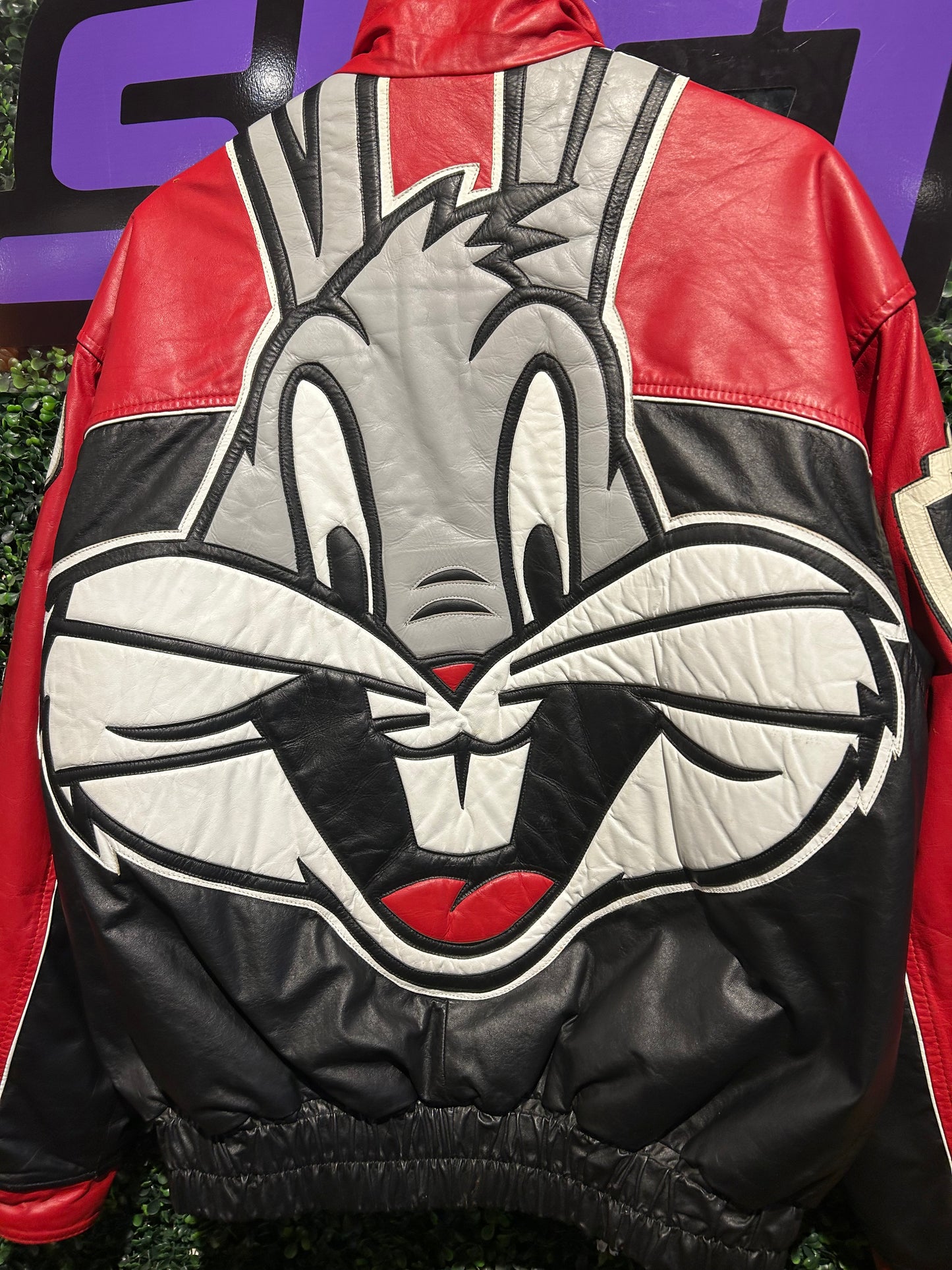 90s Bugs Bunny Leather Varsity Jacket. Size M/L