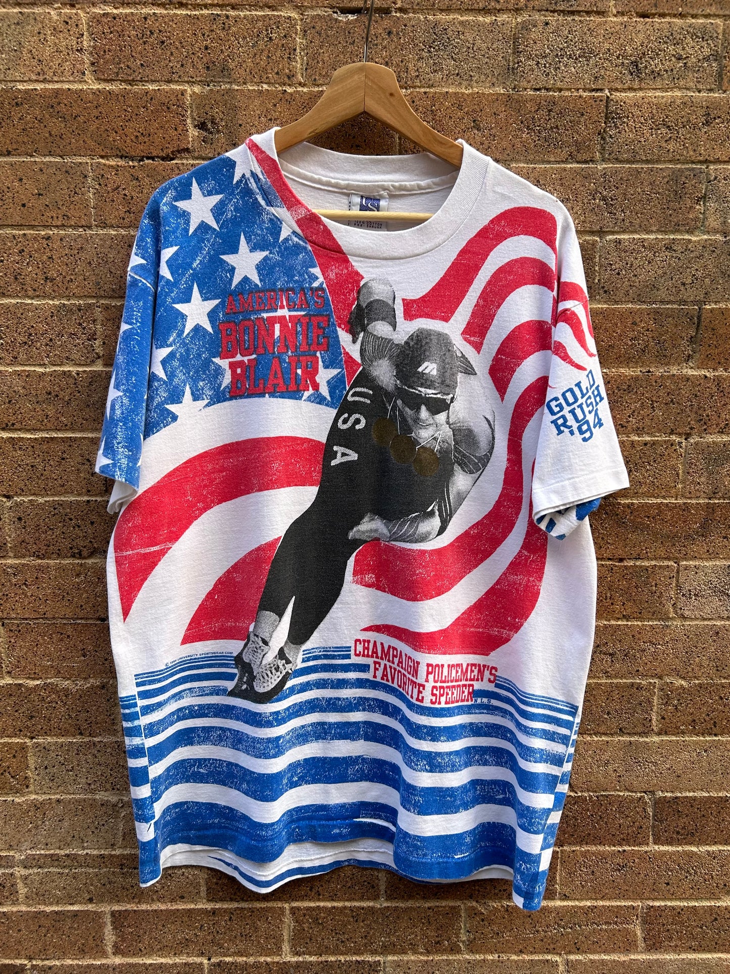 1994 USA Olympics Bonnie Blair Speed Skating AOP T-Shirt. Size L/XL