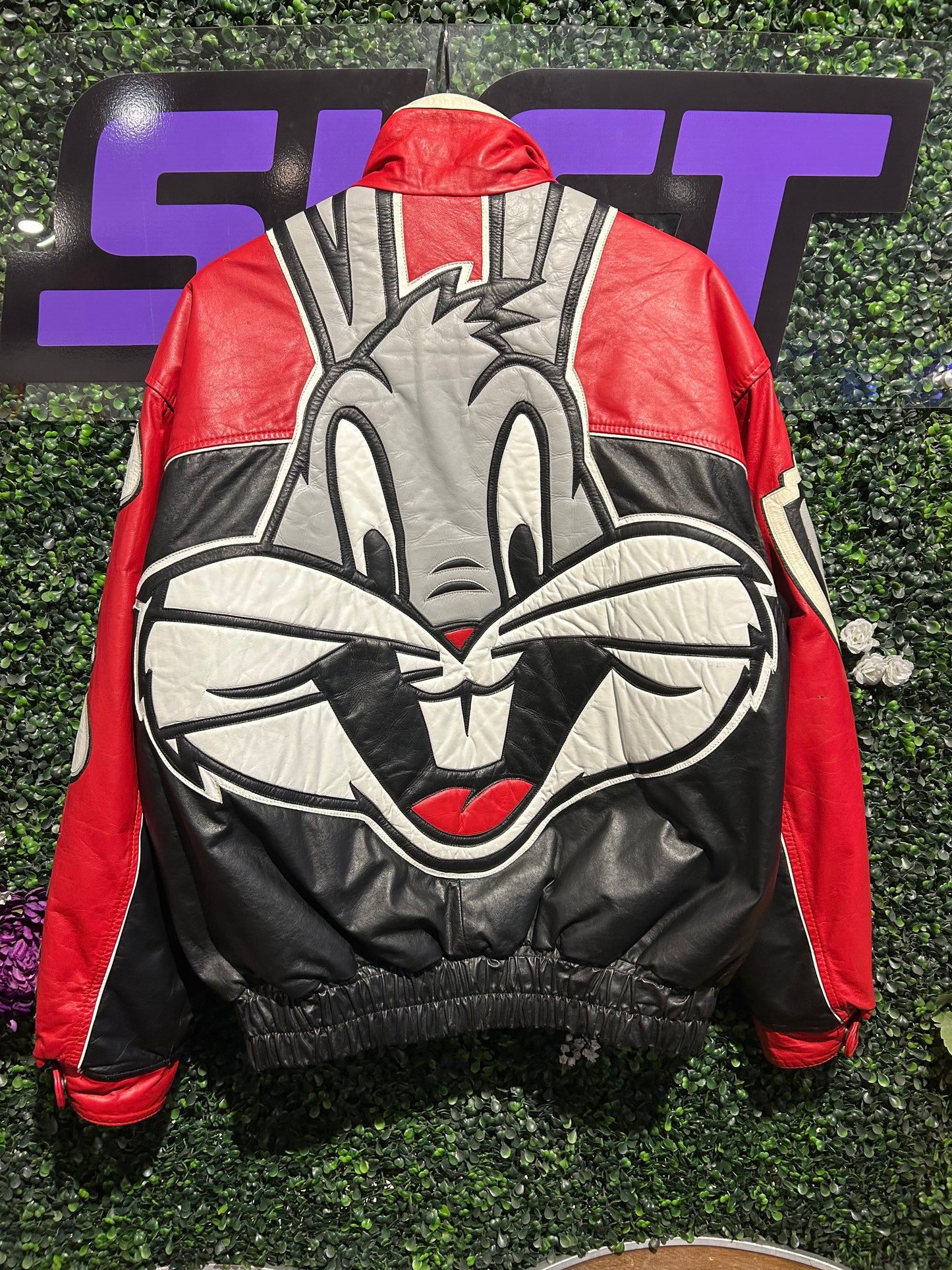 90s Bugs Bunny Leather Varsity Jacket. Size M/L