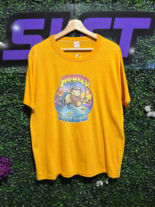 70s Hooked On Fishing T-Shirt. Size L/XL