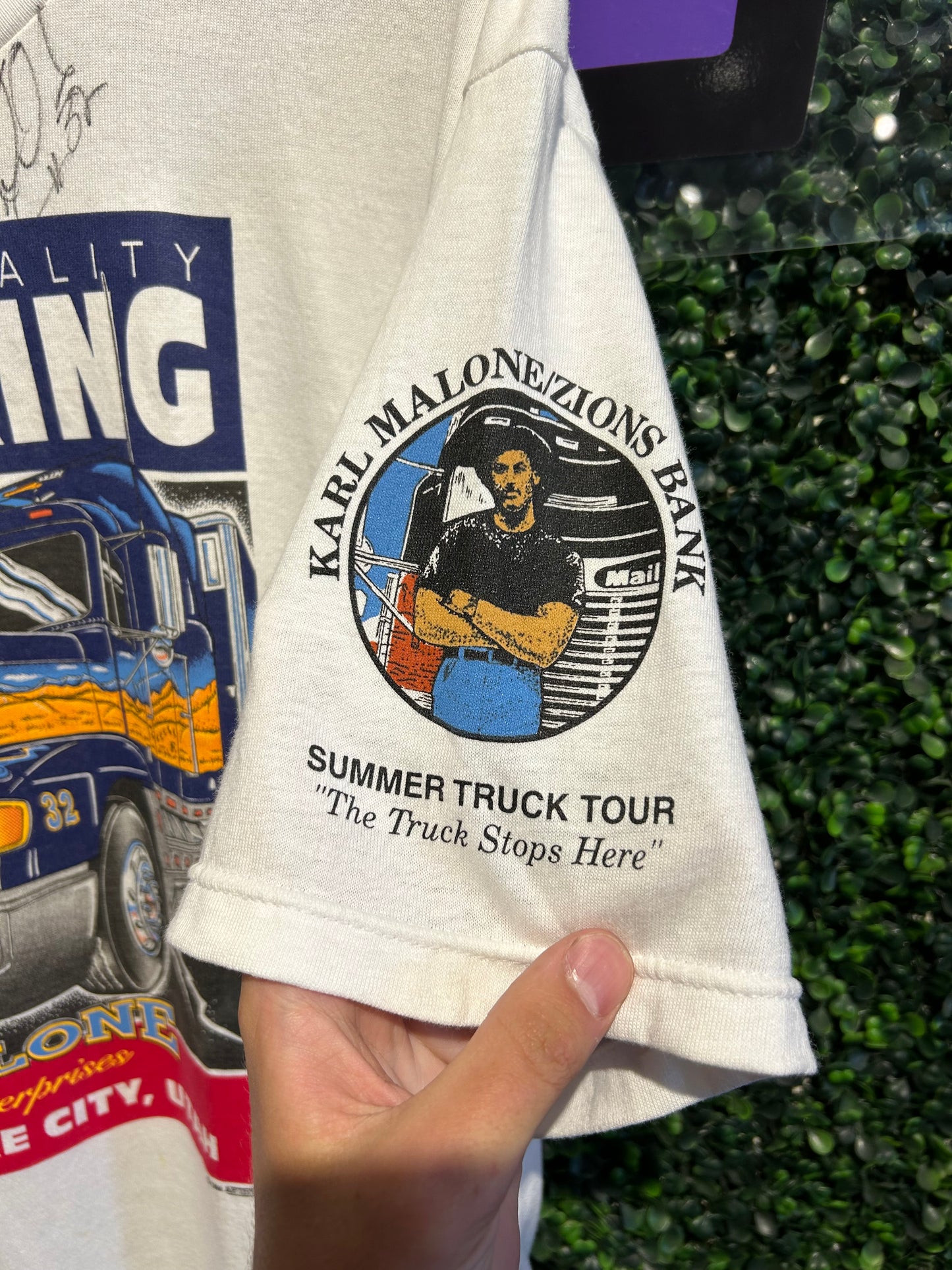 1994 Karl Malone Trucking Company Autographed T-Shirt. Size L/XL
