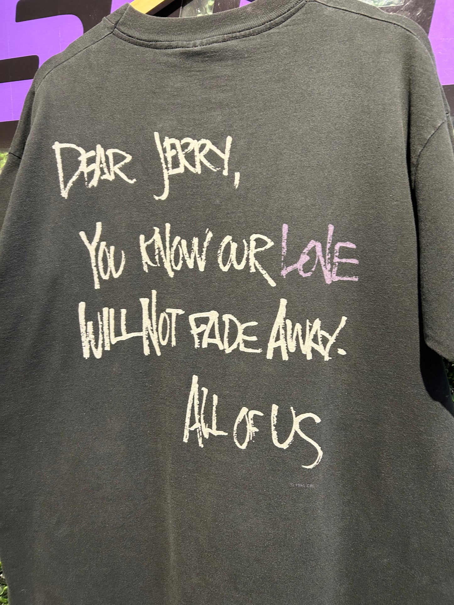 1995 Jerry Garcia “Our Love Will Not Fade Away” Liquid Blue T-Shirt. Size XL