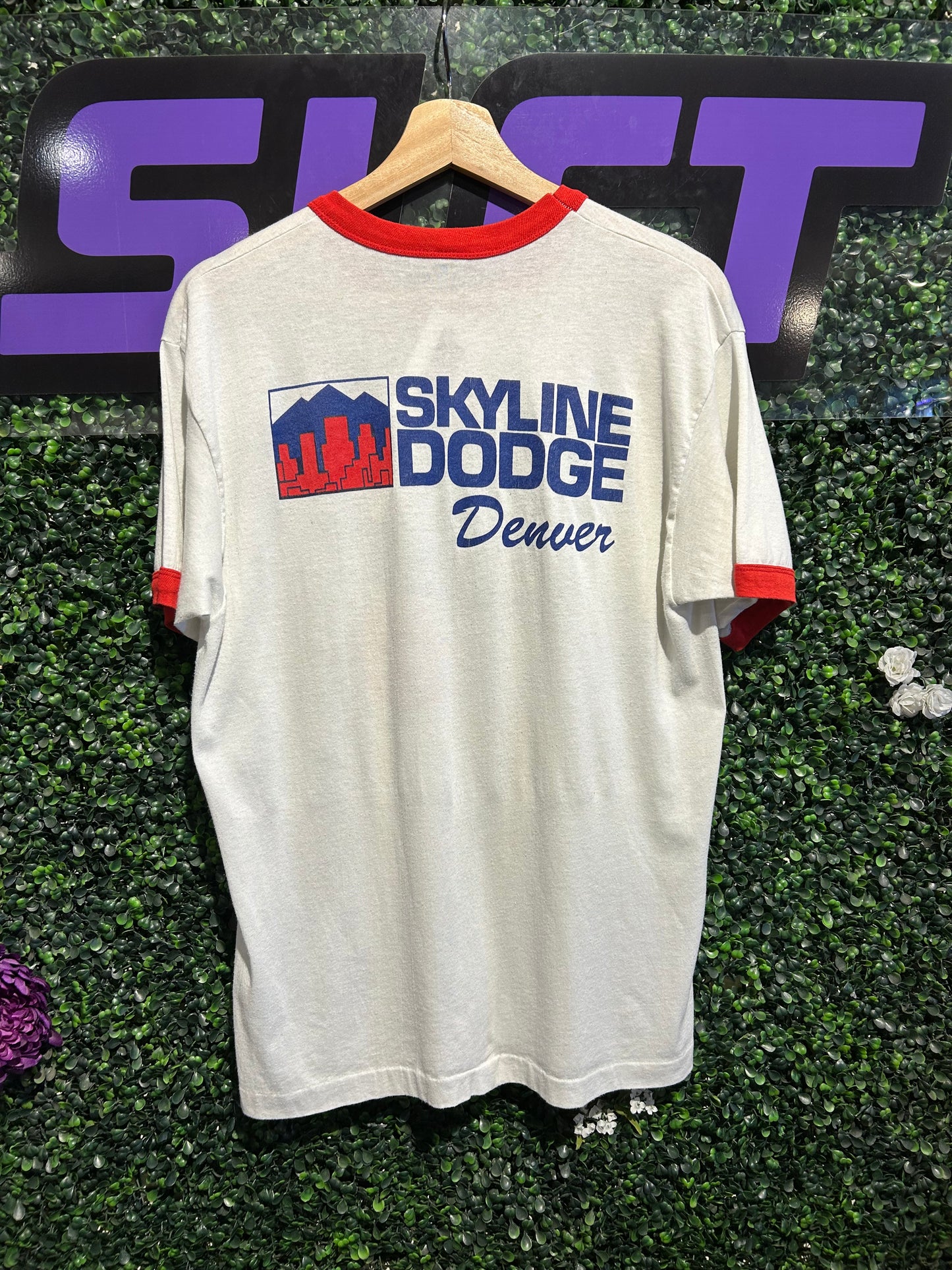 80s Skyline Dodge Denver Going Fast Ringer T-Shirt. Size Large