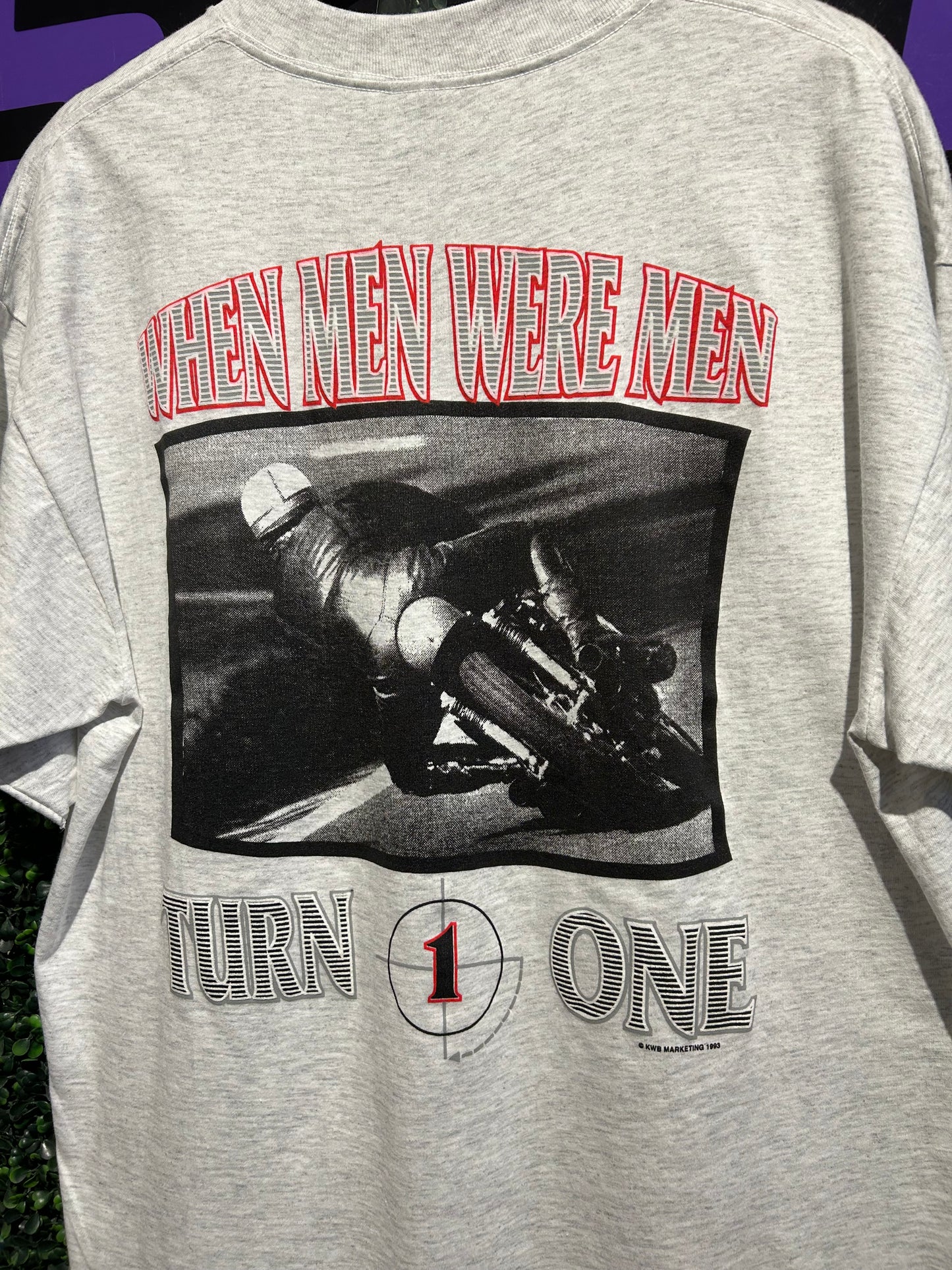1993 Turn One “When Men Were Men” Motorcycle Racing T-Shirt. Size XL