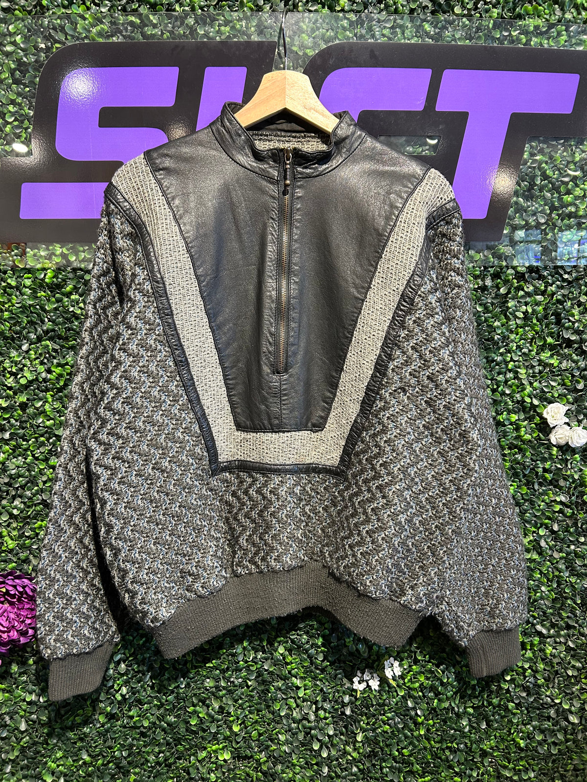 80s Leather-Trim Half-Zip Knit Sweater Jacket. Size M/L