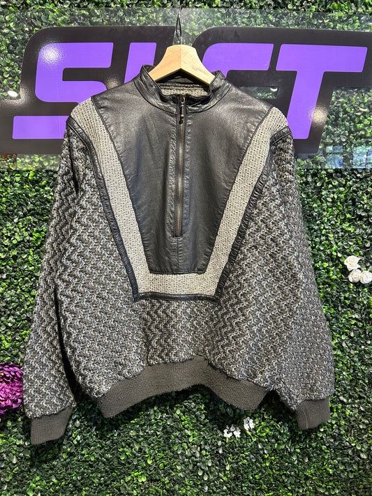 80s Leather-Trim Half-Zip Knit Sweater Jacket. Size M/L