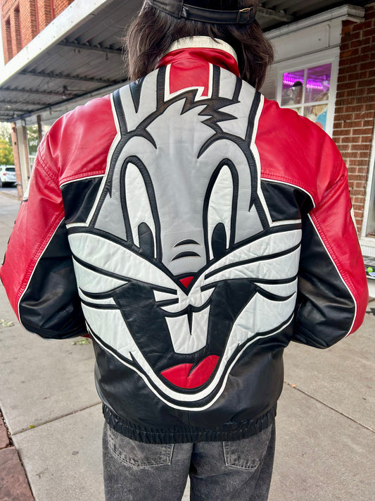 90s Bugs Bunny Leather Varsity Jacket. Size M/L