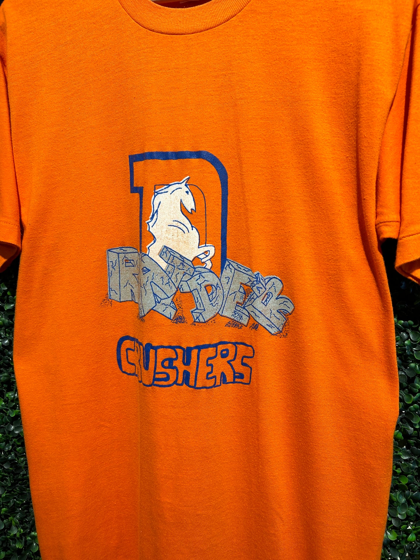 80s Denver Broncos Raider Crushers T-Shirt. Size Large