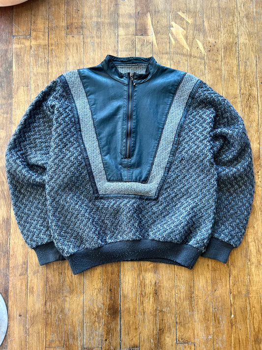 80s Leather-Trim Half-Zip Knit Sweater Jacket. Size M/L