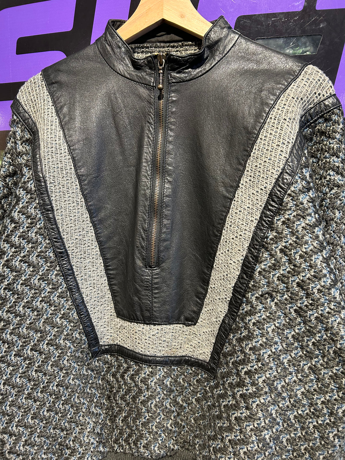 80s Leather-Trim Half-Zip Knit Sweater Jacket. Size M/L