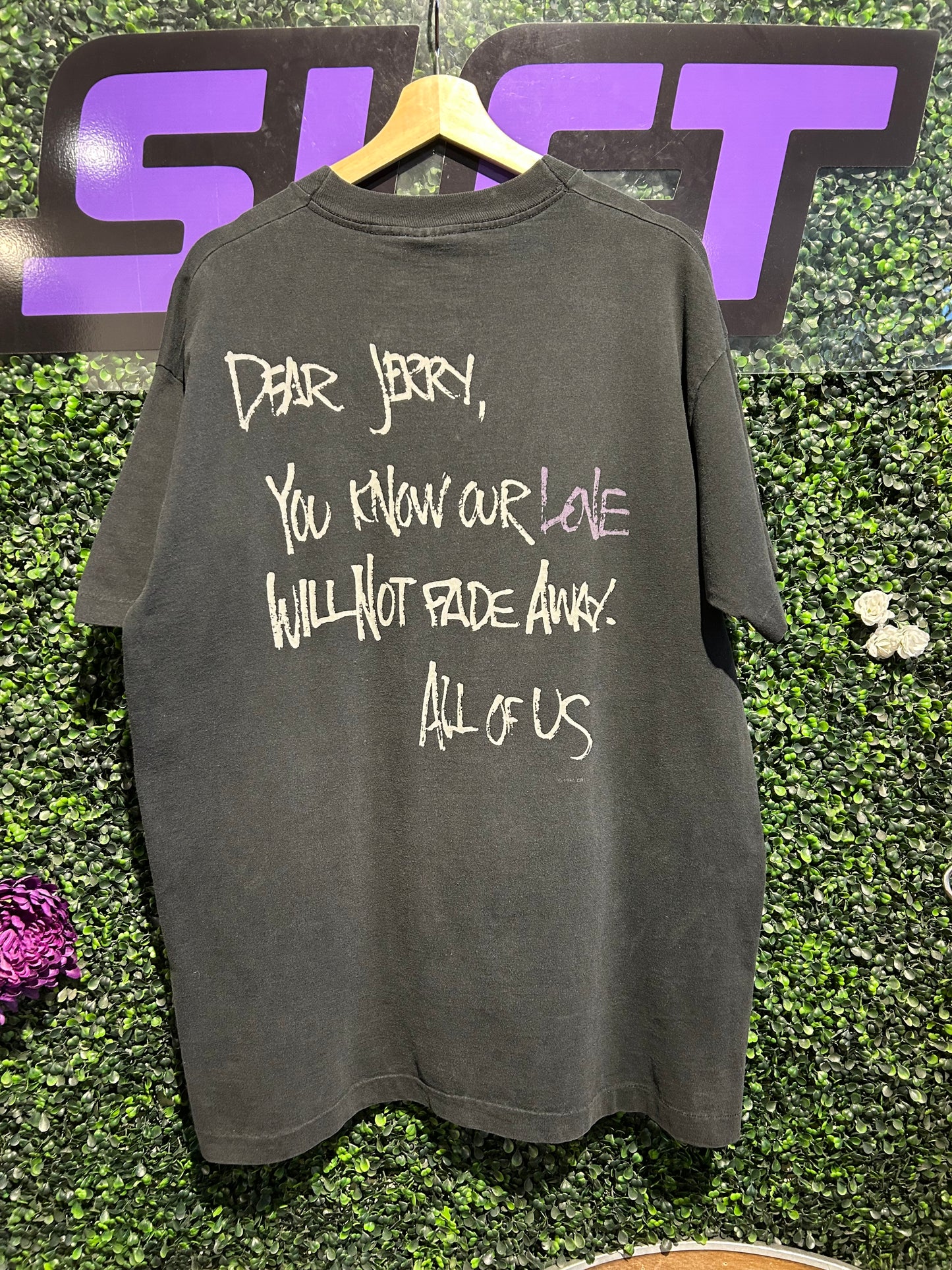 1995 Jerry Garcia “Our Love Will Not Fade Away” Liquid Blue T-Shirt. Size XL