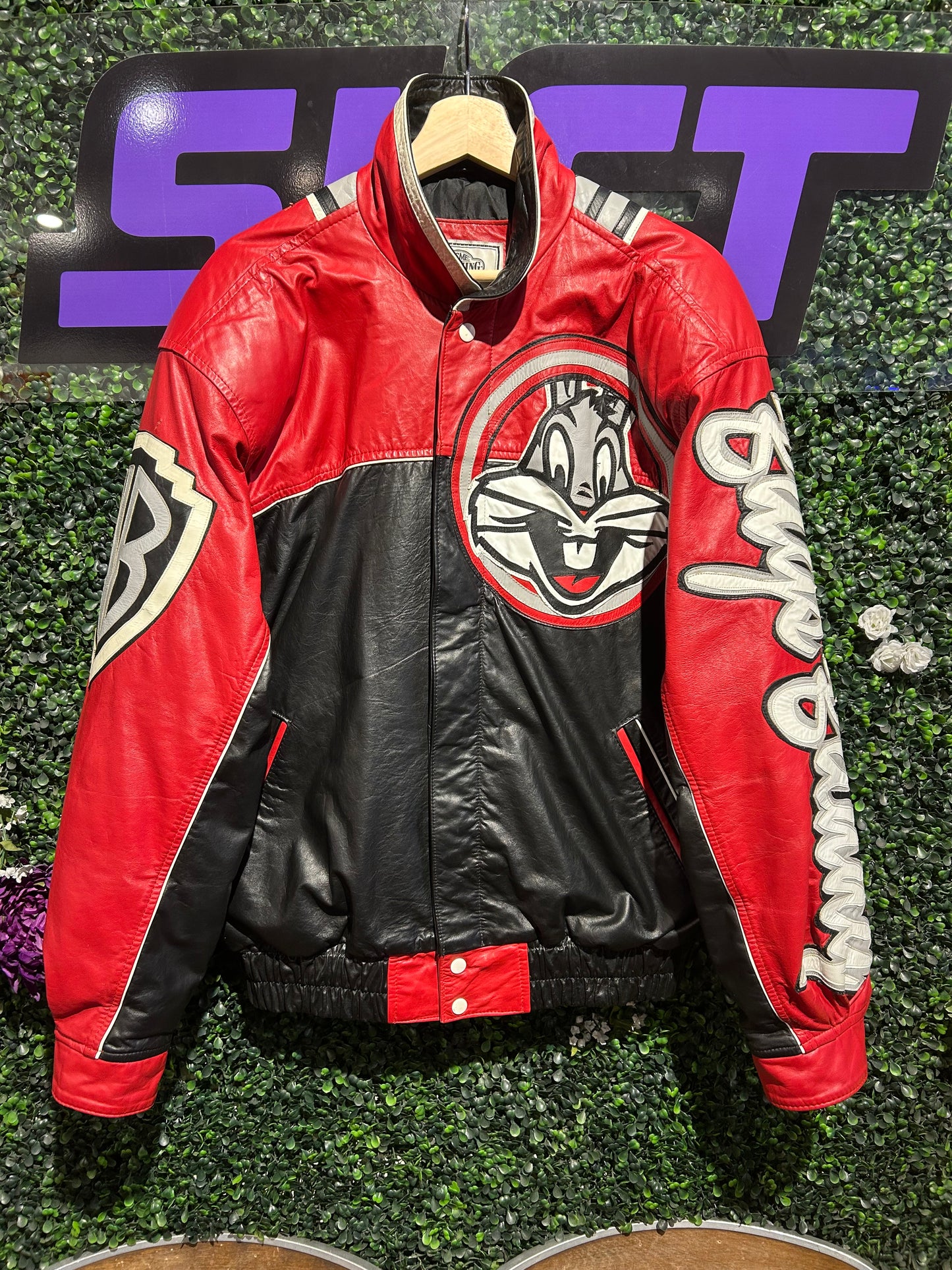 90s Bugs Bunny Leather Varsity Jacket. Size M/L