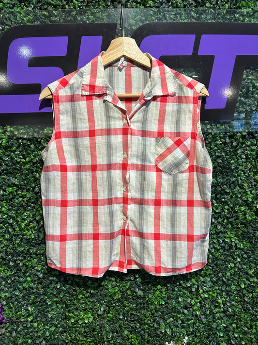 70s Plaid Button-Up Sleeveless Top. Size S/M