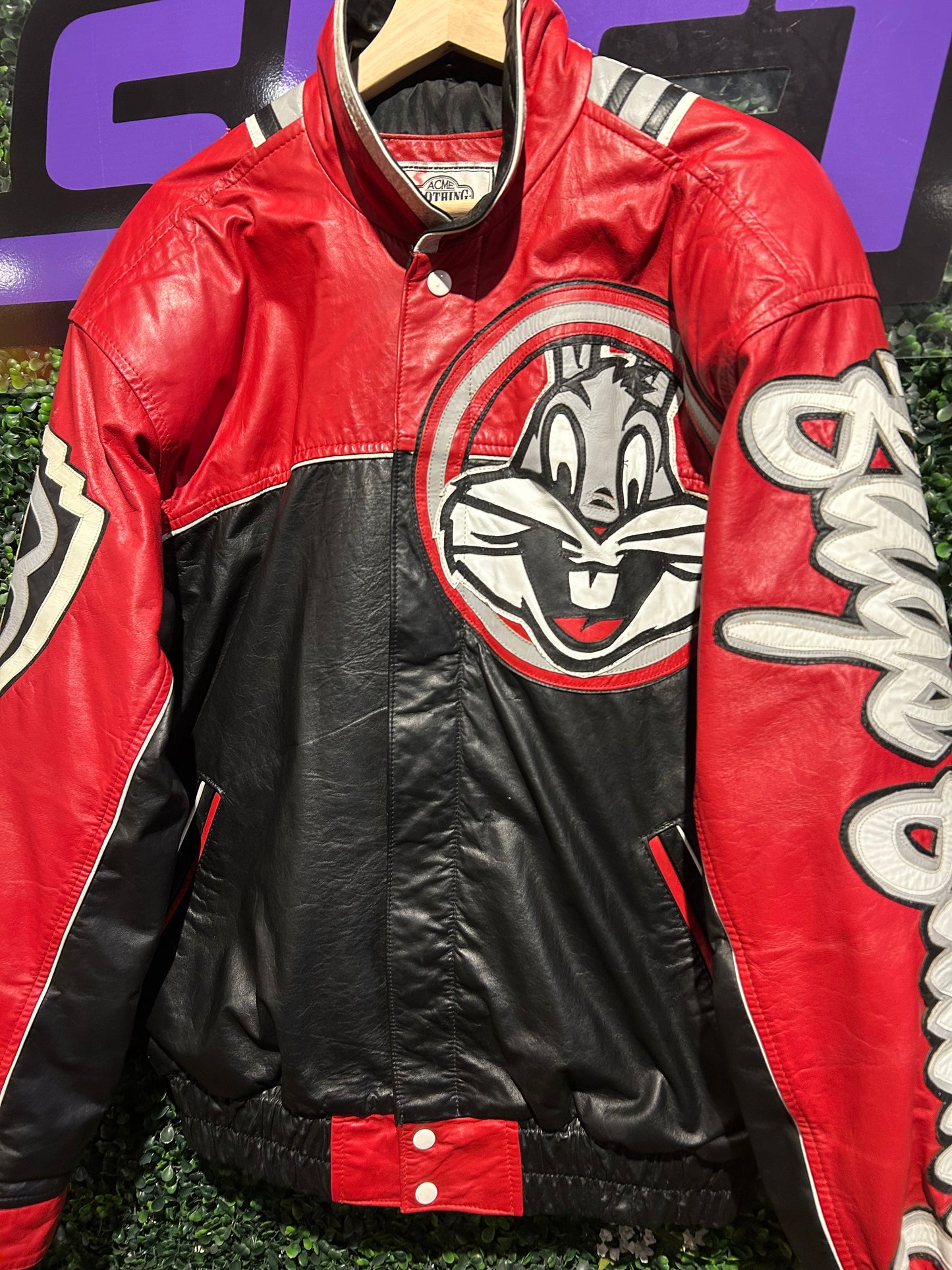 90s Bugs Bunny Leather Varsity Jacket. Size M/L